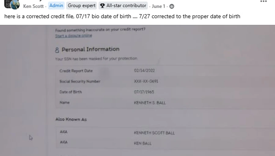Credit file date of birth correction screenshot
